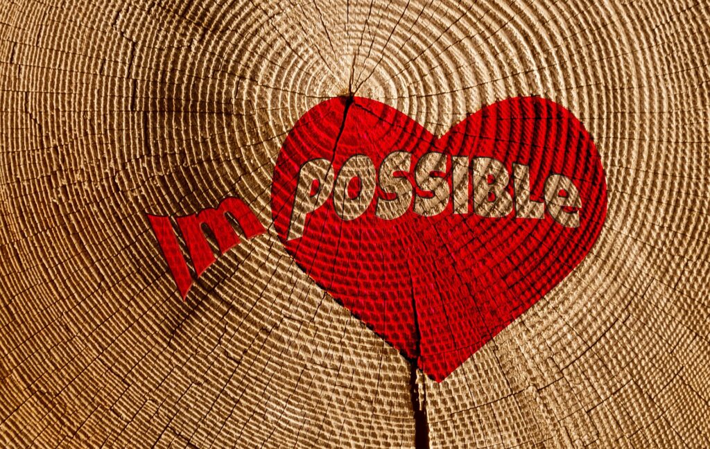 a red heart on a tree trunk that says im-possible